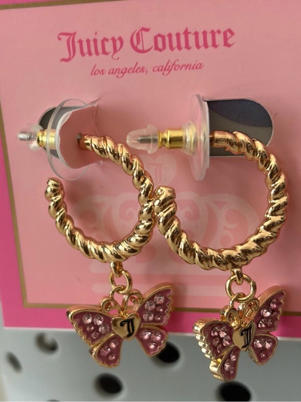Juicy Couture Gold Twisted Hoop Earrings with Pink Butterfly Charms